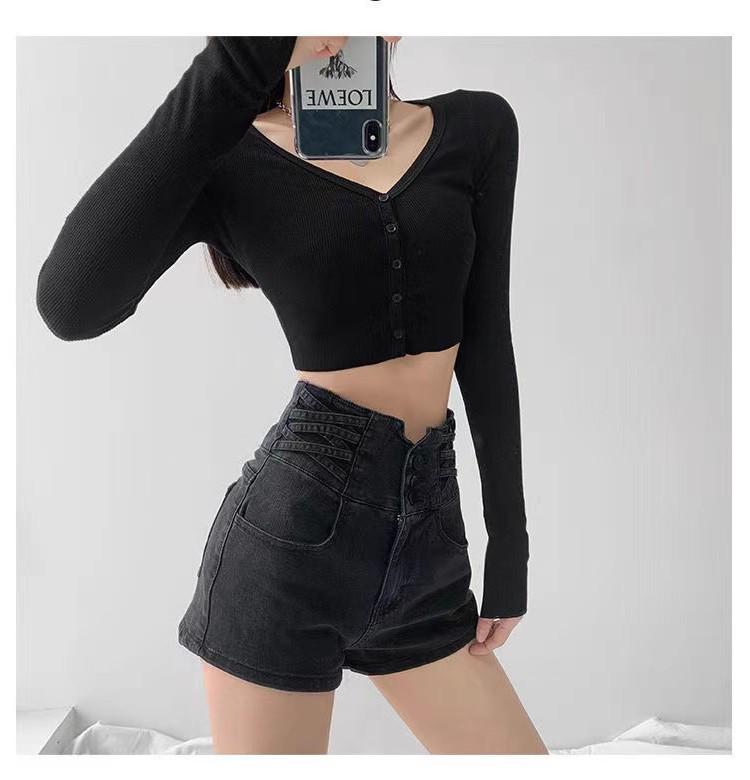 Women's Light Blue High-Waist A-Line Denim Shorts: 2025 Korean Summer Style, Elastic Waist, Casual Black Wide-Leg Design