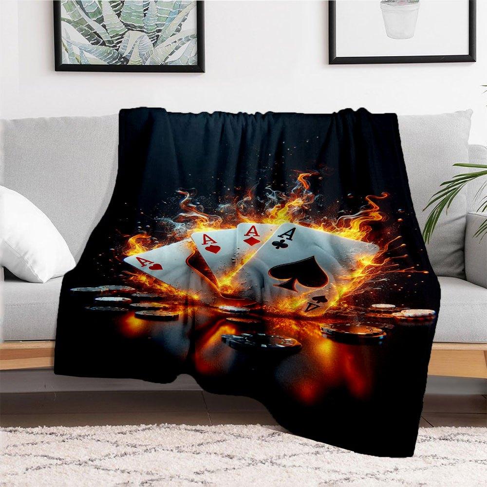 "Flaming Poker Night: Ace Cards & Casino Chips Set"Blanket Flannel Throw Blanket for Sofa, Bed, Travel, Camping, Office