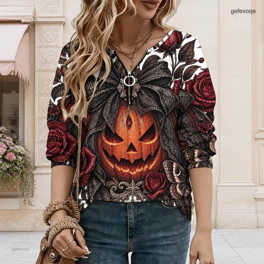 Women Plus Size V Neck Half Zip Long Sleeve Gothic Castle Raven Rose Printed Sweatshirt