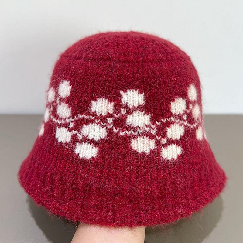 

Жаккардовая шерстяная шляпа Женская зимняя теплая и холодная шляпа-ведро ONE SIZE бордовый