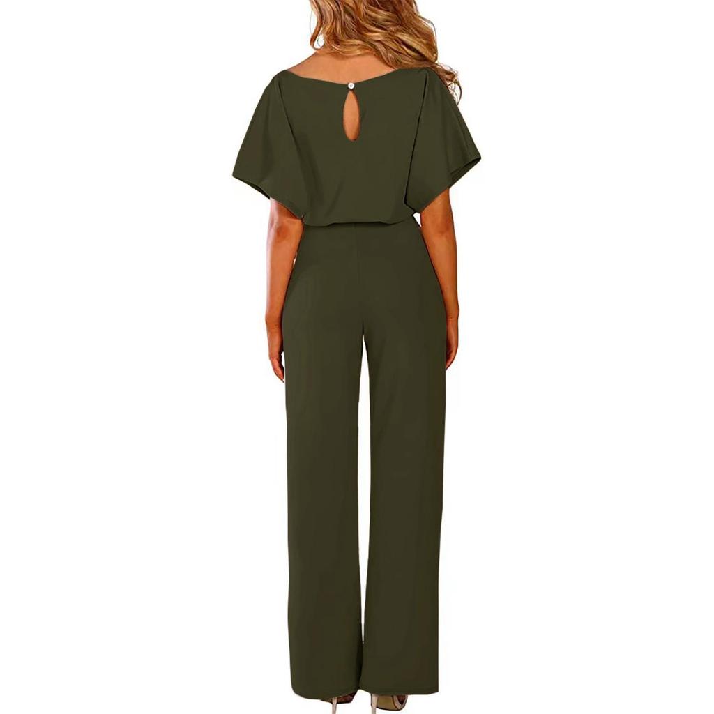 Solid Color Short-Sleeve Tie-Sleeve Romper Jumpsuit
