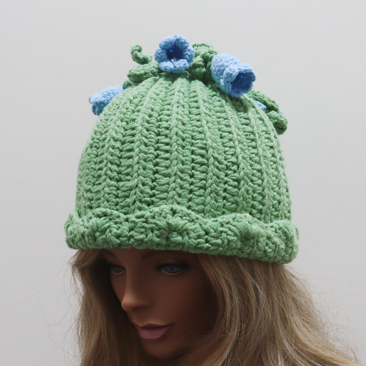 Fresh Green Lily of the Valley Crochet Hat for Girls - Cute, Versatile, Warm Wool Pastoral Style Medium (56-58cm)