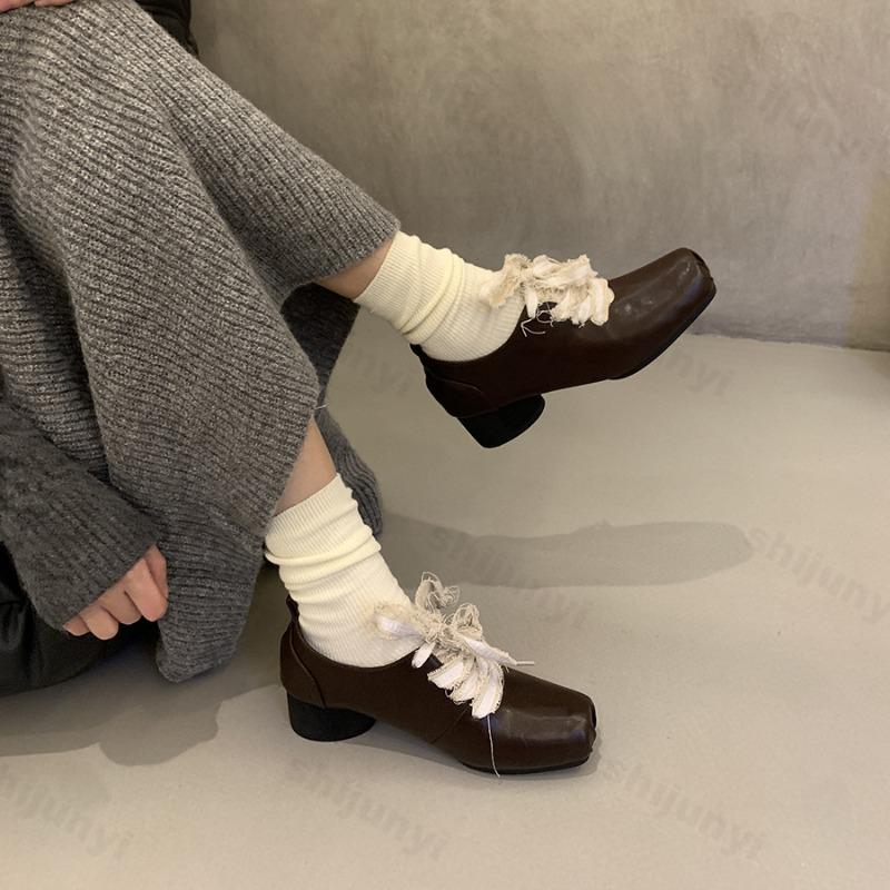 Autumn Women's Shoes 2026 New Versatile Fashion Square Toe Mid Heel Women's High Heels Lace Up Outdoor High Quality Shoes Ladies