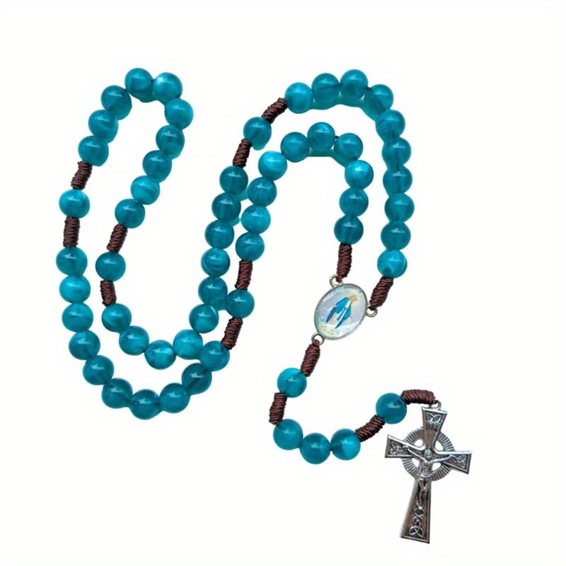 Prayer Beads Necklace Catholic Jewelry Blue Glass Beads Crucifix Charm