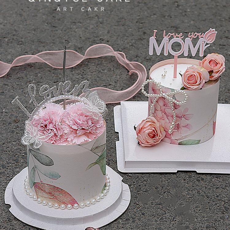 Mother's Day Floral Cake Decoration with Pearl Bow Retro Print Edging