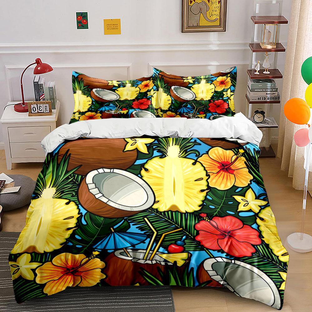 Tropical Fruits Floral Pattern Bedding Set for Kids Luxury Gift 3pcs Digital Print Comforter Set Soft Comfortable Breathable
