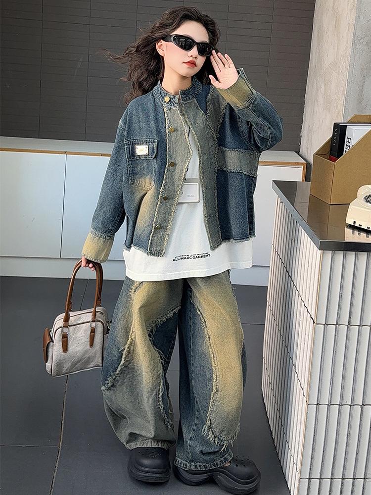 2025 Girls' Autumn Streetwear Outfit: Distressed Denim Jacket & Scimitar Pants Set