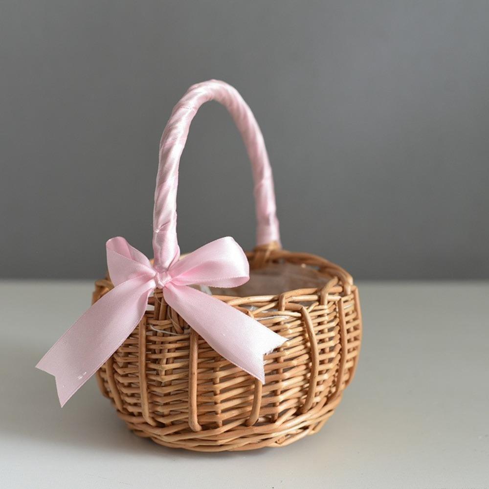New Hand-woven Wicker Basket with Handle Multi-Use Storage Basket Vintage Hand-woven Basket Wedding Use S розовый