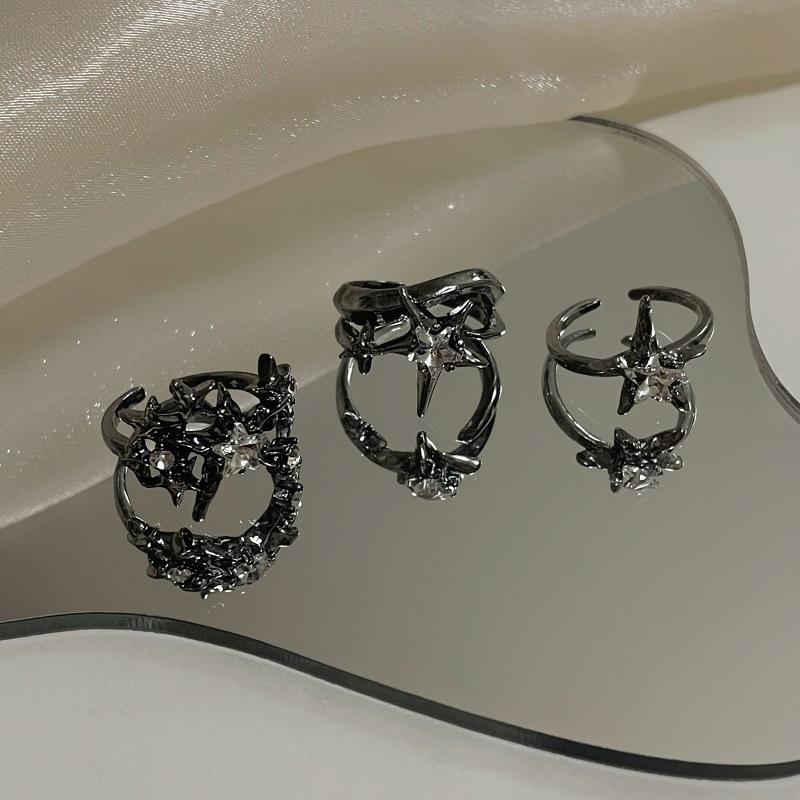 Punk Gothic Inlaid Zircon Star Black Open Ring Neutral Retro Creative Irregular Daily Party Jewelry Gift