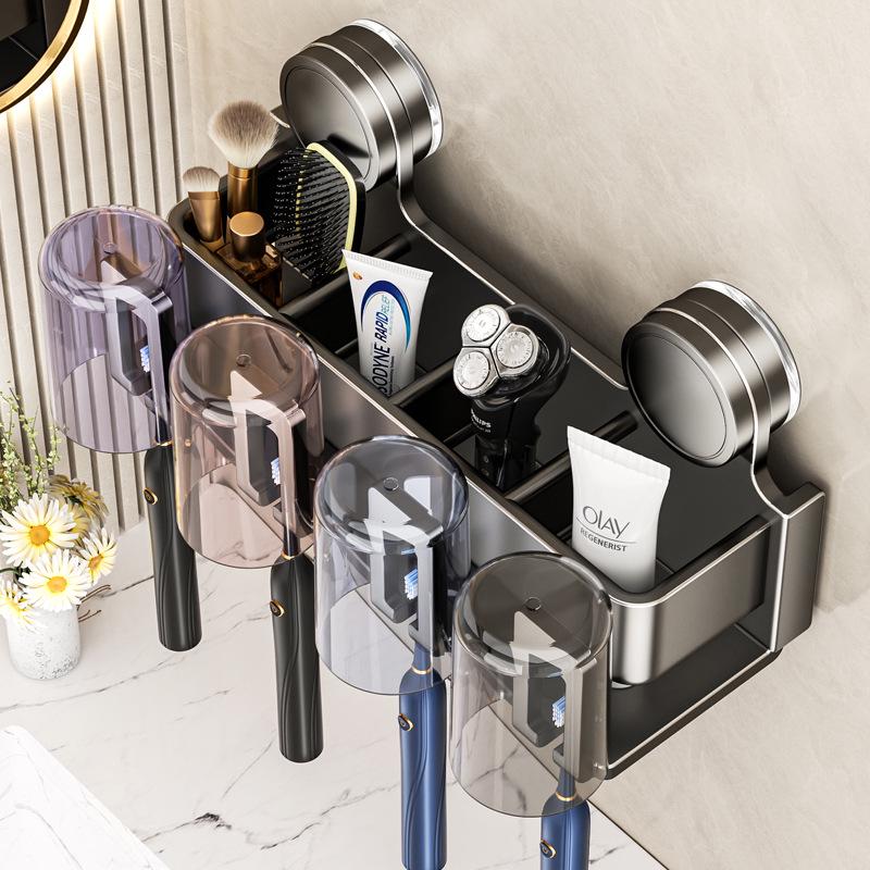 No-Drill Suction Cup Bathroom Organizer: Toothbrush & Toothpaste Holder with Mouthwash Cup Gun Grey Suction Cup Double Toothbrush Holder