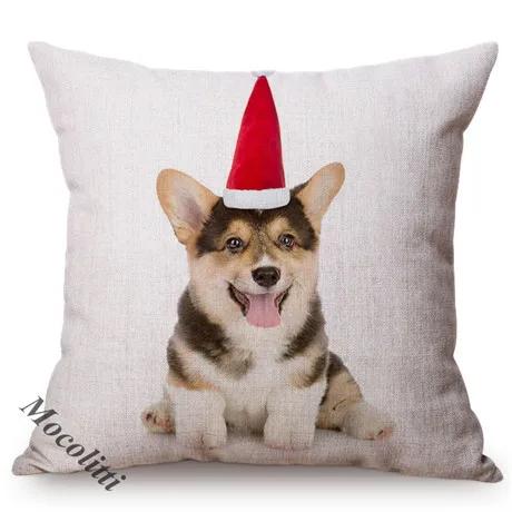 Christmas Sofa Decoration Cushion Cover Cute Pet Dog Animal Wear Red Christmas Hat Lovely Cat Print Throw Pillow Case Cojines