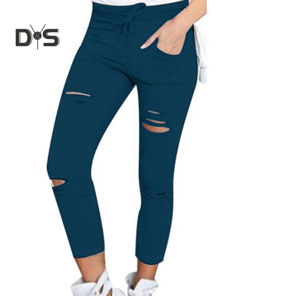DYS Women Clothing Plus Size Drawstring High Waist Pencil Pants Ripped Skinny Leggings