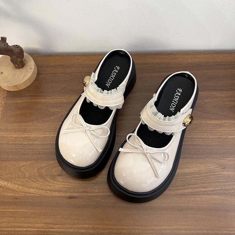 

2025 new platform British style fashion with skirt summer bow small leather shoes women s versatile round head half drag 39