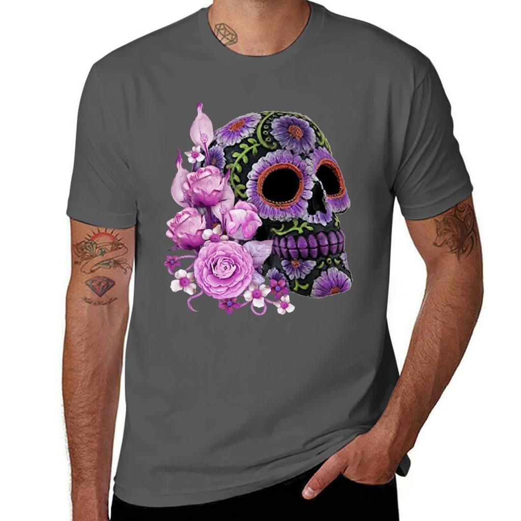 Pink Floral Black Sugar Skull Day Of The Dead Tshirt Perforunisexce Workout Short Sleeve Tee