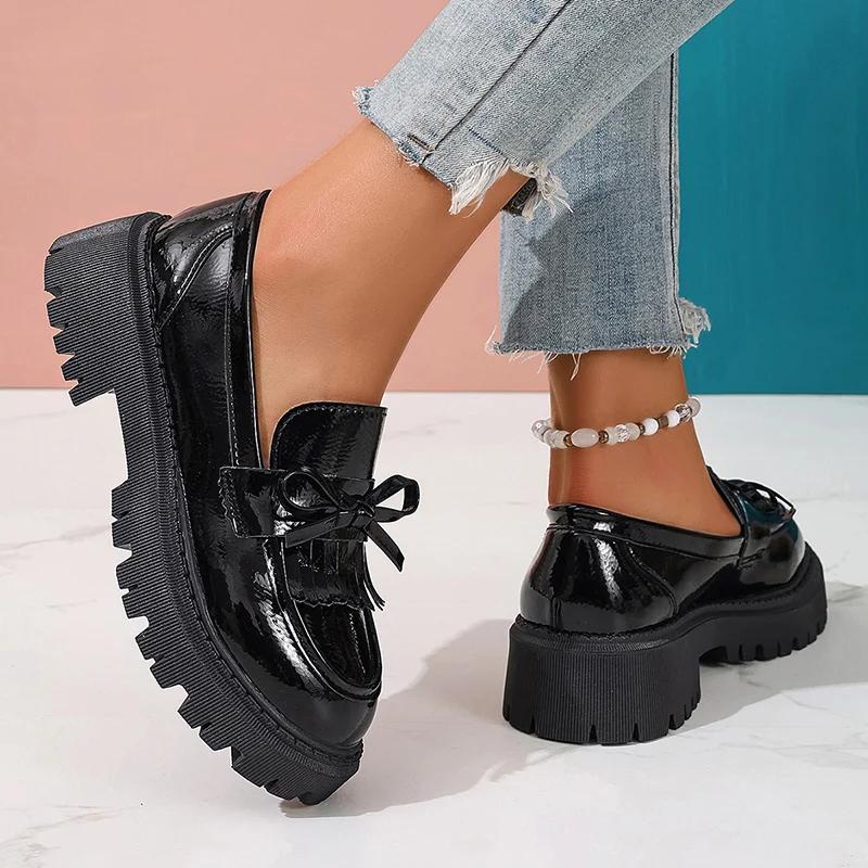 British Style Patent Leather Loafers For Women  Spring Slip On Platform Shoes Woman Bowknot Thick Bottom Student Shoes 42