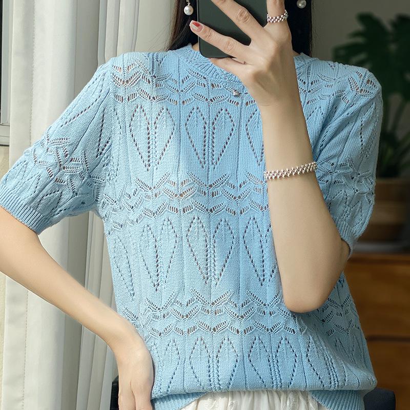 

New Summer Pure Cotton Fashion Knitted Short-sleeved Women s College Style Thread Hollow Round Neck Versatile Pull-out Base T-shirt XL синій