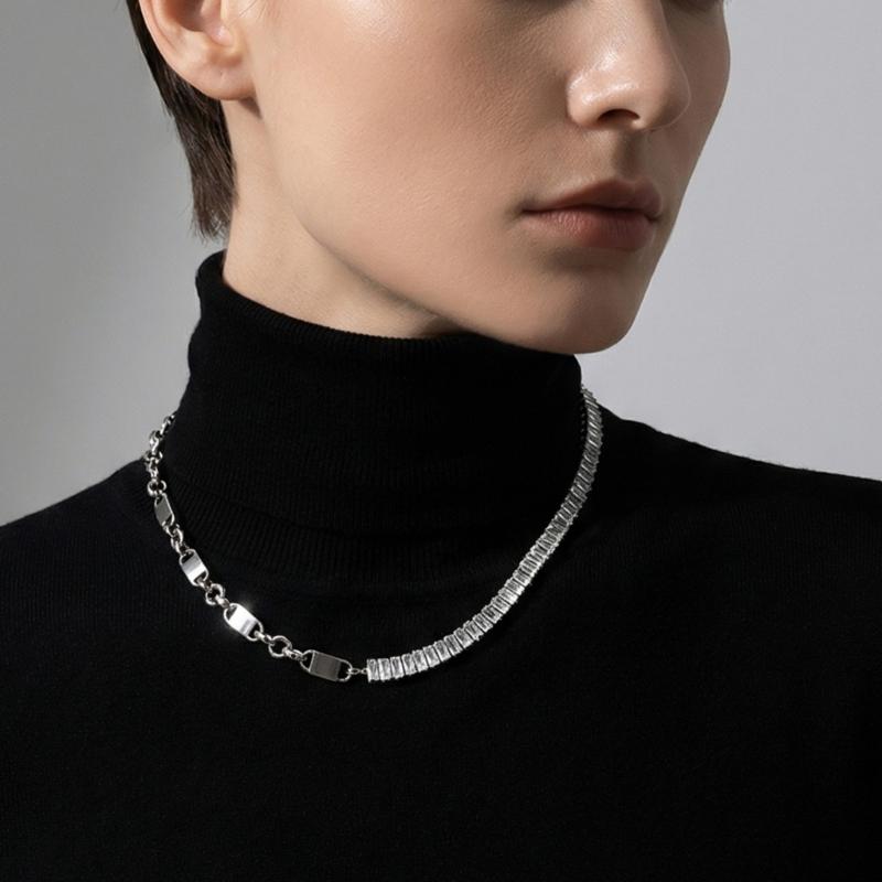 Geometric Zirconia Chain Necklace Stainless Steel Adjustable Length Collarbone Chain For Women Layering Jewelry