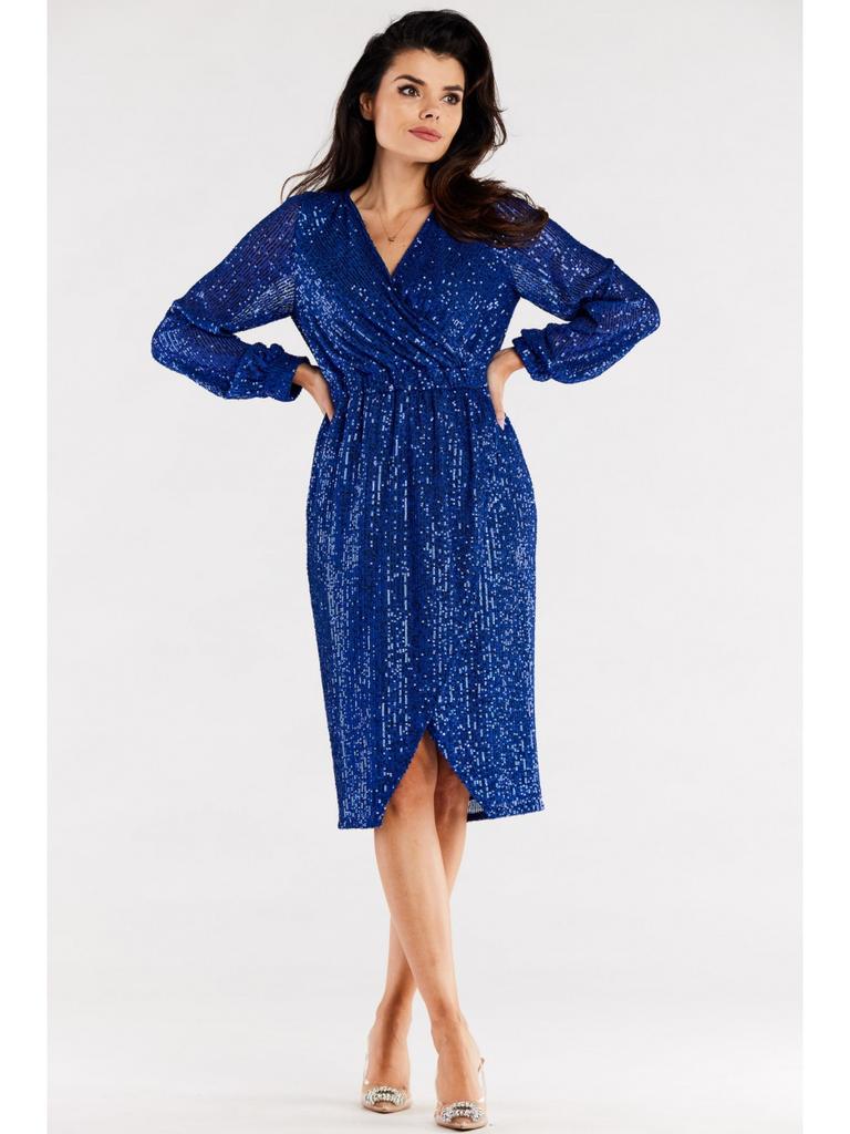 Asymmetrical Sequin Dress with Wrap Neckline and Long Sleeves, Cobalt Blue Size S