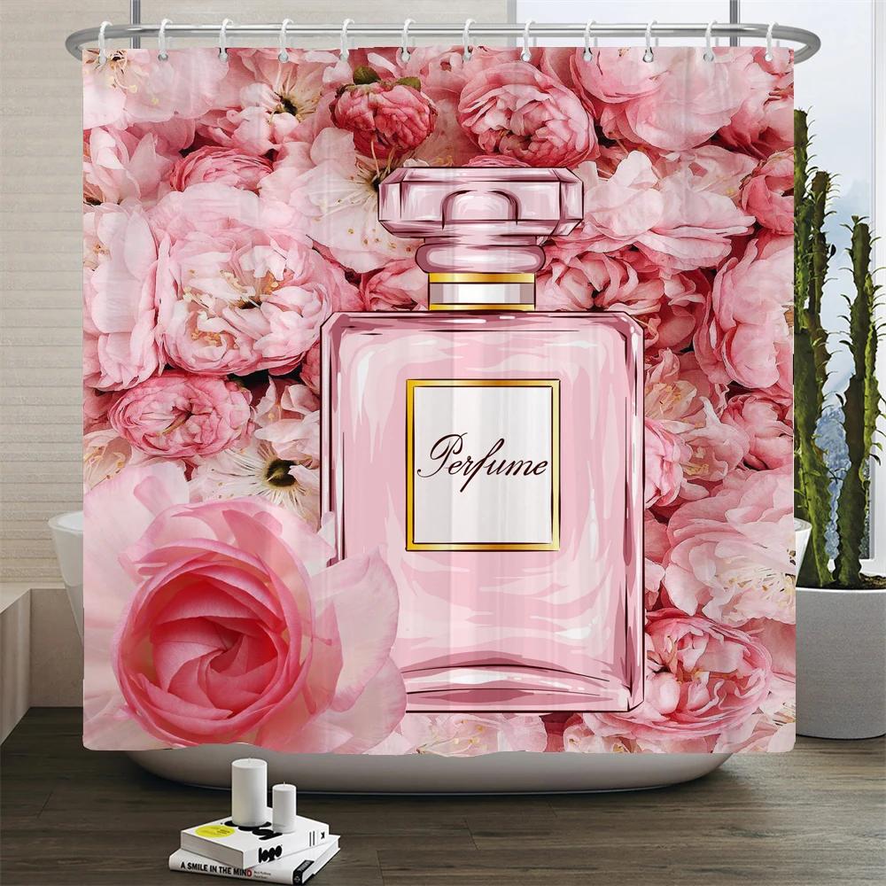 Ladies Perfume Flower Print Shower Curtain Fashion Bathroom Curtains Fashion Girly Women Polyester Bath Curtain Decor With Hooks