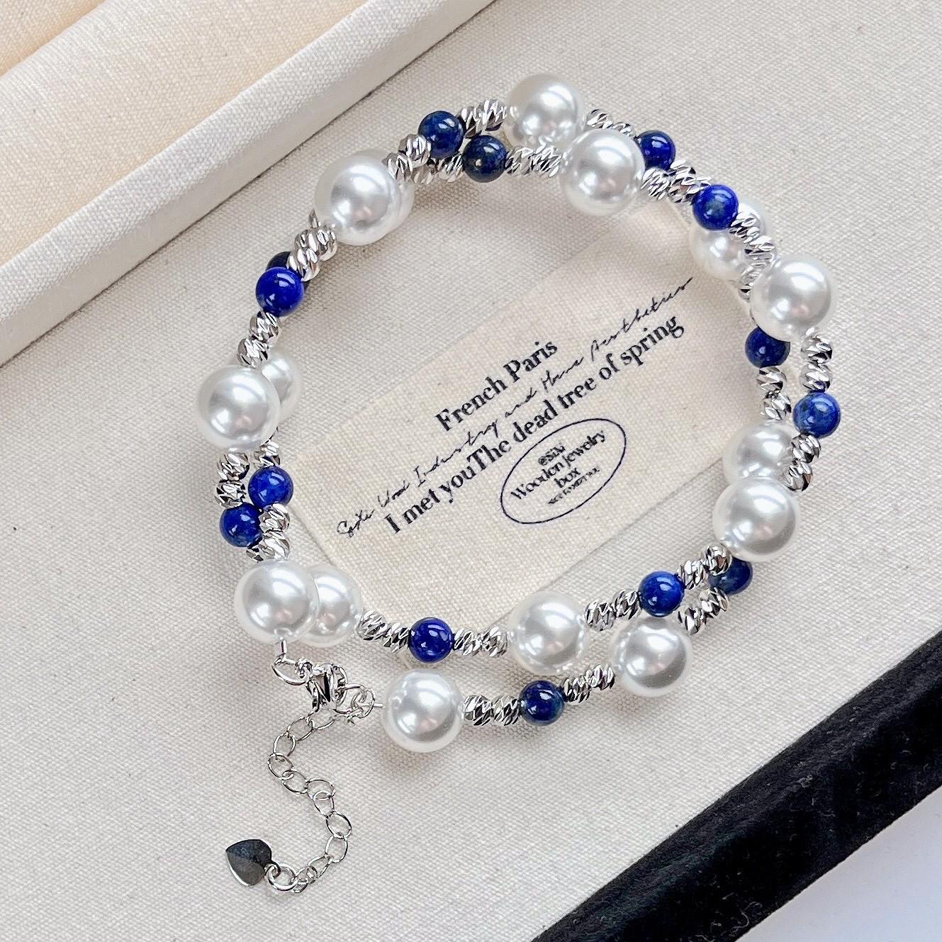 High Quality Natural Lapis Lazuli High Gloss Artificial Crystal Pearl Necklace Collarbone Chain