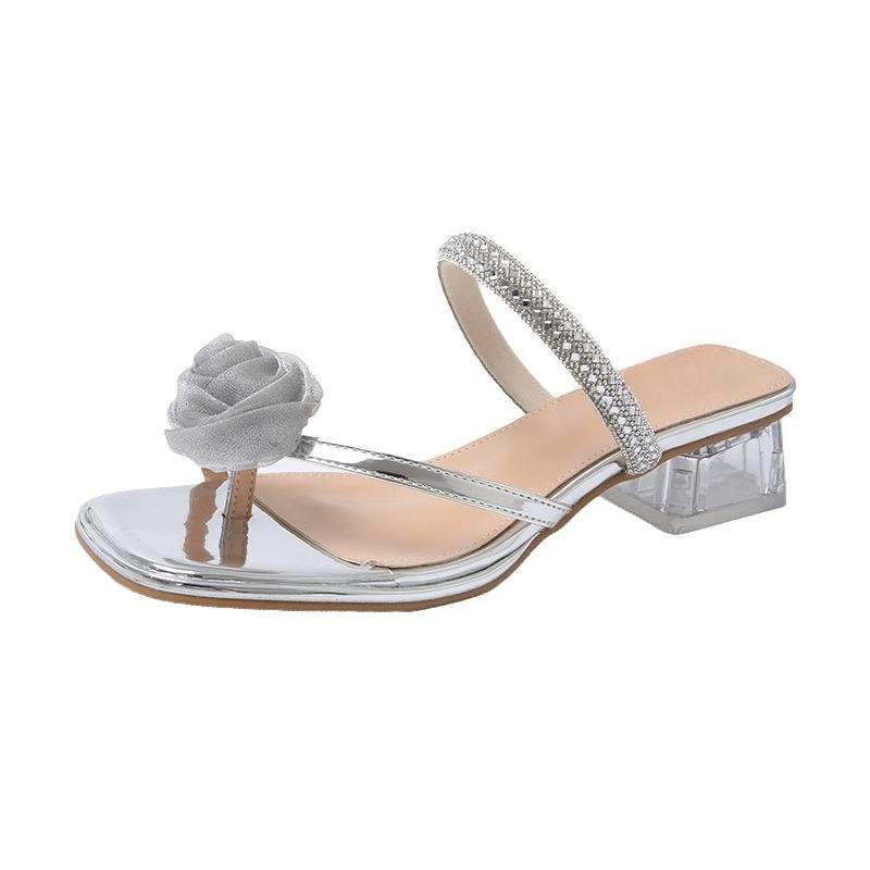 Fashion French Style Chunky Heel Rhinestone Slippers Women's Outdoor Summer Fairy Atmosphere Cool Slippers Korean Version Rubber Sole