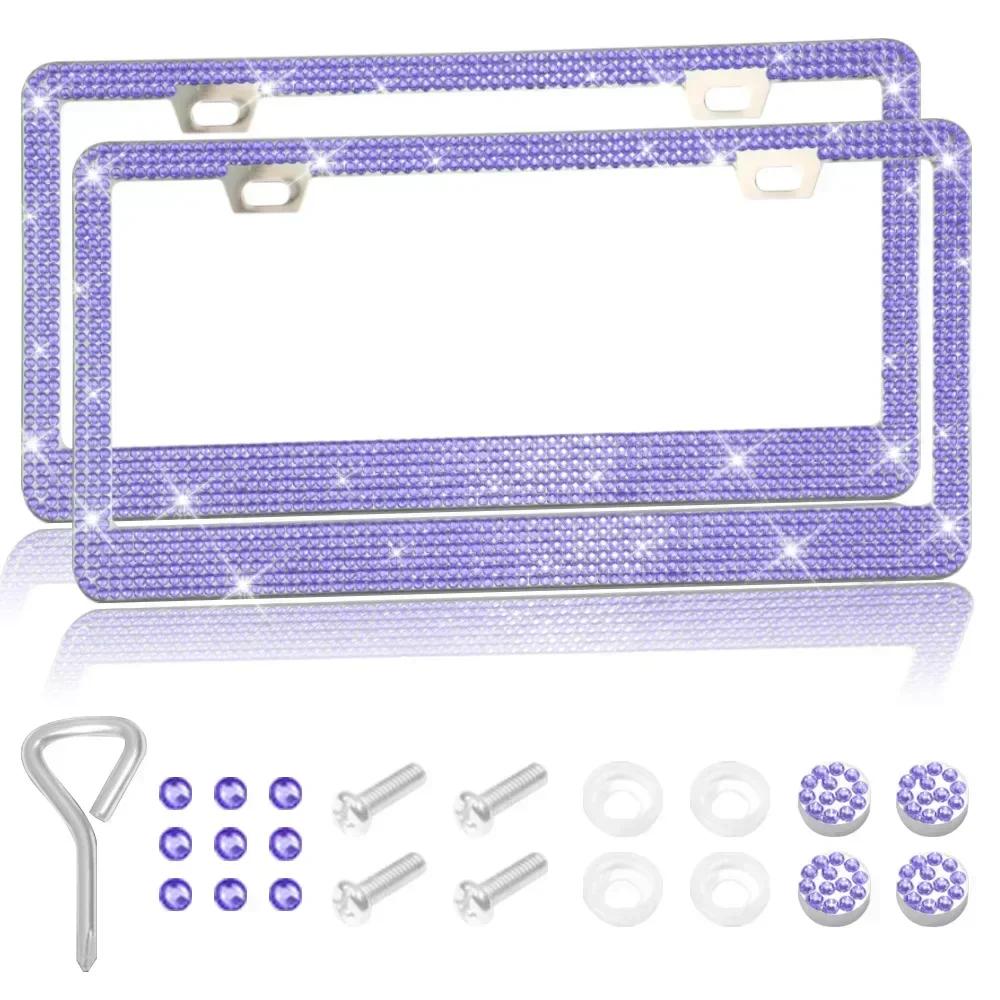 1/2pcs Bling Crystal License Plate Frame Luxury Car Frame Plate with Button Diamond Car License Plate Frame Cover for Women