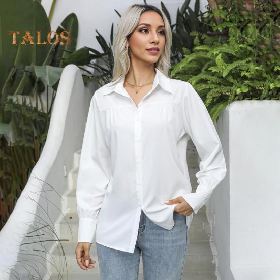 Women Shirt Lapel Puff Long Sleeve Solid Color Single-Breasted Shirt Tops Loose Fit Casual Tops Work Daily Wear