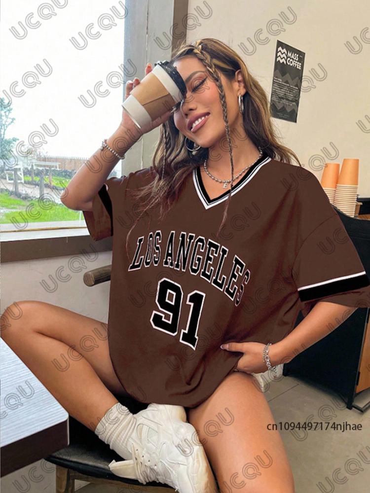 Summer New Los Angeles 91 Print T-Shirt For Women V-Neck Patchwork Short Sleeve Sports Football Jersey Y2K Loose Oversized Tops