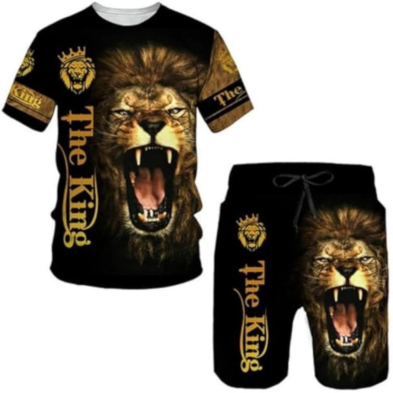 Wolf & Lion Drukowany 3D Casualowy Garnitur z Krótkim Rękawem i Okrągłym Dekoltem dla Mężczyzn 2-częściowy Szorty Dres