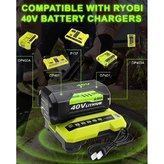 4026 6.0Ah Replacement for Ryobi 40V Battery and OP401 Charger, Compatible with Ryobi 40V Lithium Battery OP40401 OP40602