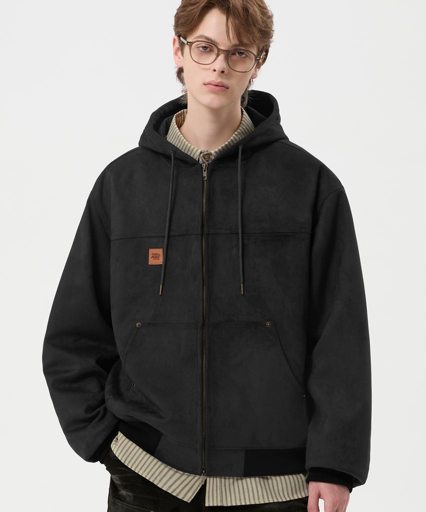 Trillion Leather Patch Suede Work Zip-Up Hoodie_Black