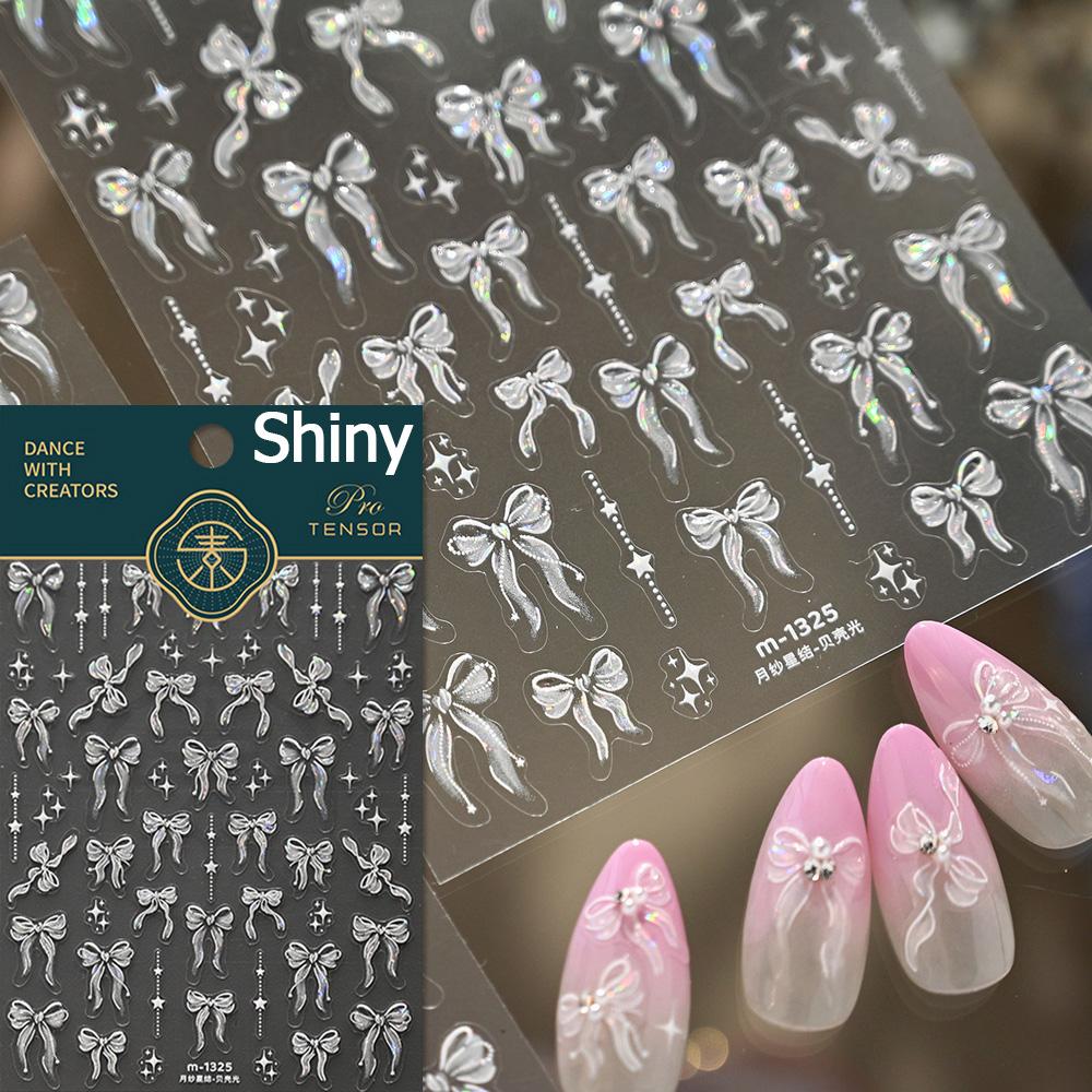 Shiny Polarized White Ribbon Bowknot Stars Tassel 3D Self Adhesive Nail Art Stickers Lovely Bow 5D Embossed Manicure Decals