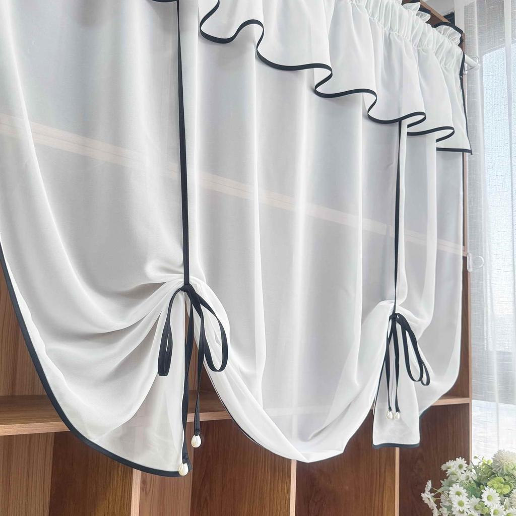 Modern minimalist black edging White Curtain,Adjustable Height Lifting Curtain,Transparent sheer Voile For Small Windows
