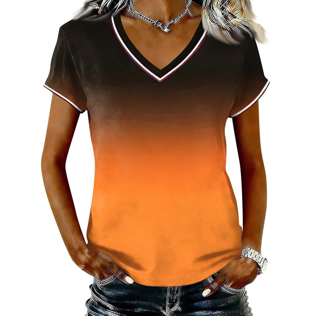Camiseta Casual de Mujer con Cuello en V y Manga Corta, Jersey con Estampado Degradado, Tejido Ligero y Suave, Ajuste Cómodo