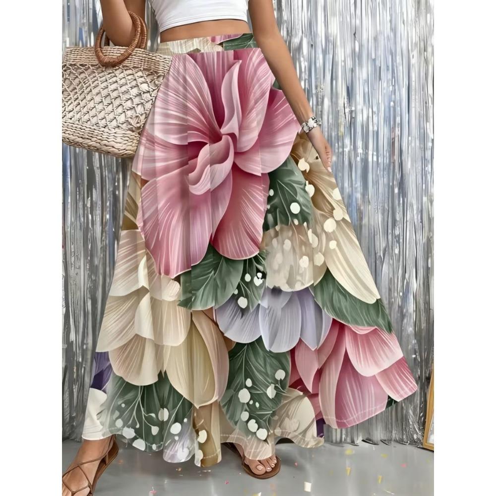 2026 Spring/Summer Women's Half Length Skirt Printed Elegant Elastic Waist, Different Country Fake Wind Beach Skirt Women's Wear