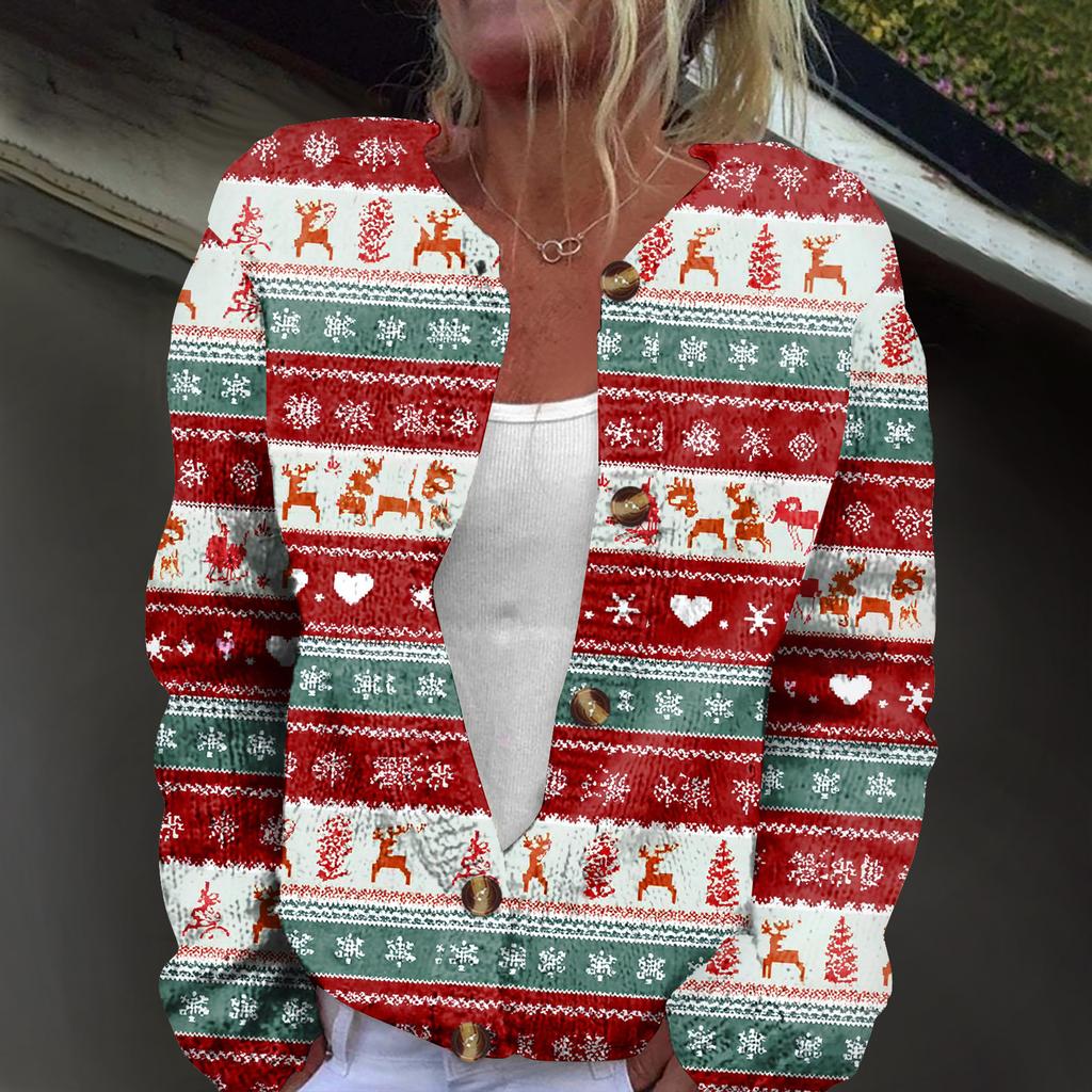 Mote for kvinner Juleprint Langermet Strikket Cardigan Knappejakke