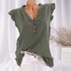 Women Blouse Ruffled Sleeve Loose V Neck Casual Summer Cotton And Linen Solid Color T-shirt for Daily Wear