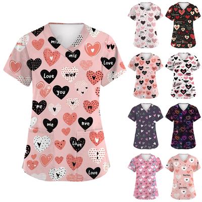 Damska Moda Krótki Rękaw Walentynkowy Nadruk Dekolt V Kieszeń Odzież Robocza Top