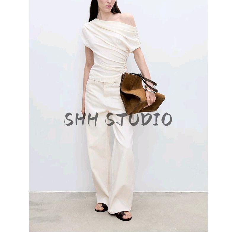 Spring and Summer New Arrival Women's Clothing French Minority Ruched Decorative Asymmetric Shoulder Waist-Controlled Top 87075751