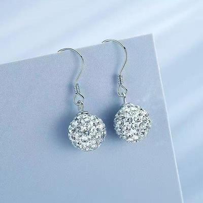 Korean-Style Silver Crystal Ball Earrings: Diamond-Studded, Long, Versatile Ear Hooks for Women.