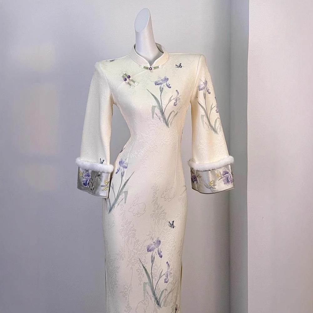 Vintage Republik China Stil Pelzgefüttertes Cheongsam Kleid für Herbst/Winter