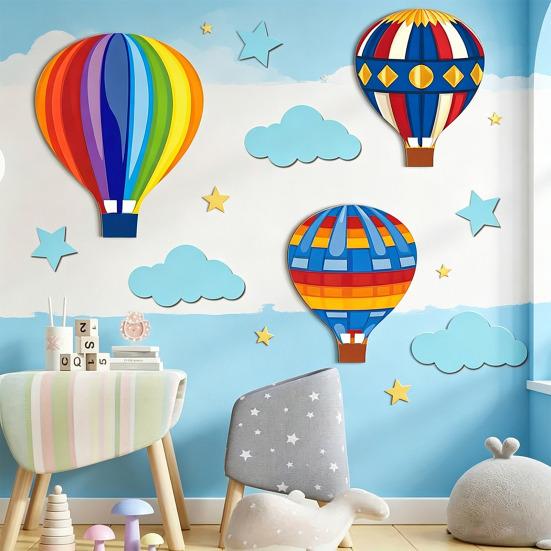 1 Set Wooden Hot Air Balloon Wall Decor Nursery Kids Room Wall Art Rustic Hanging Ornaments with Stars Clouds Design Baby Shower Birthday Gift