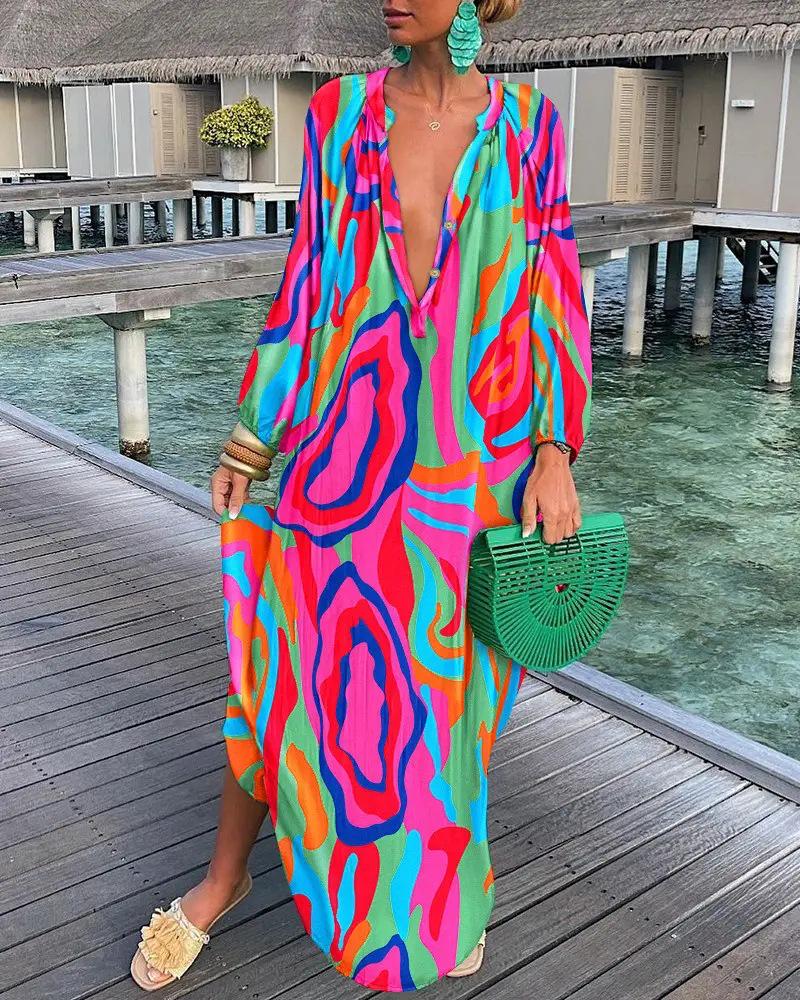 2022 Autumn V-neck Long Sleeve Print Dress for Women