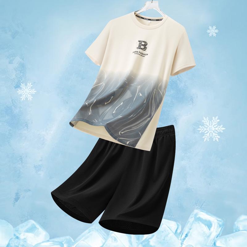 Ensemble de Sport en Soie Glacée pour Homme Été Col Rond Séchage Rapide Manches Courtes Coupe Ample Deux Pièces