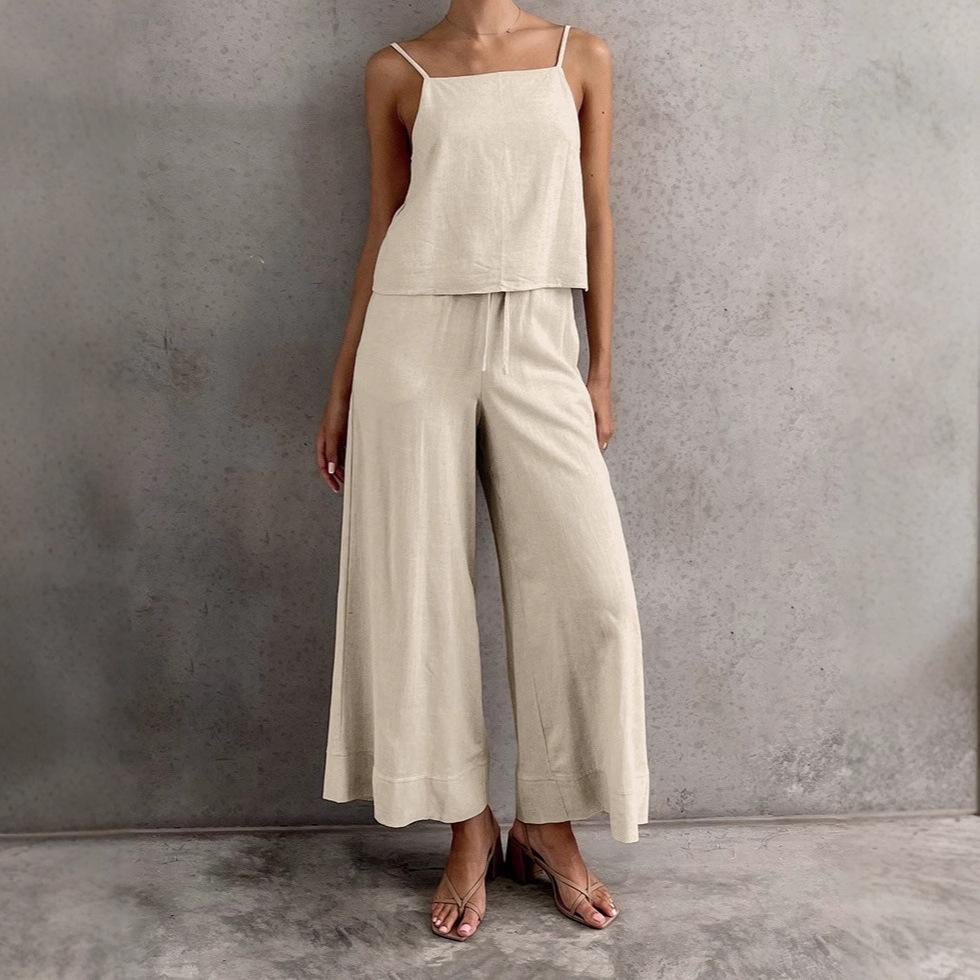 

Летний женский комплект из топа с квадратным вырезом и открытой спиной из хлопка и льна и длинных брюк на кулиске M хаки