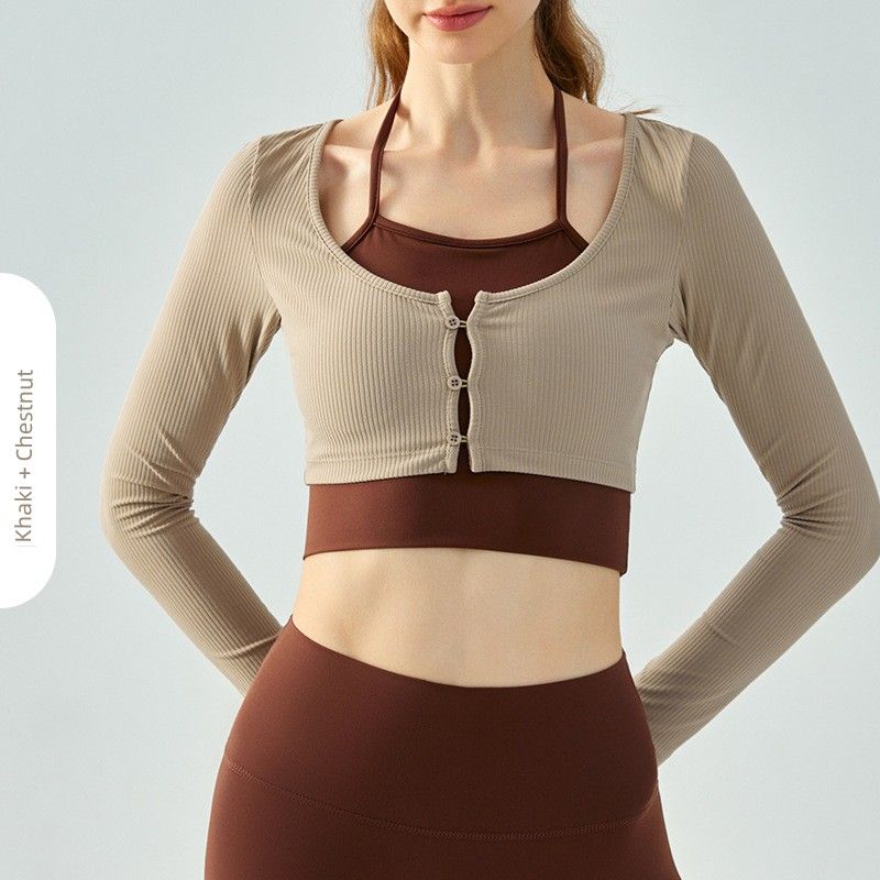 Export Semi-Fixed Cup Halterneck Fake Two-Piece Yoga Clothes Women's Long Sleeve Short Breathable Workout Clothes Sports Tops Spring & Fall