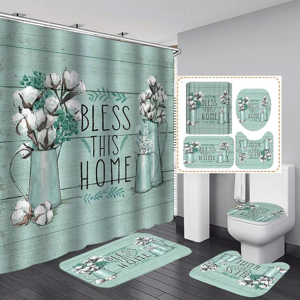 Butterfly Daisy Sunflower Shower Curtain Sets Retro Floral Vintage Country Farmhouse Flower Rustic Wooden Bathroom Decor Sets