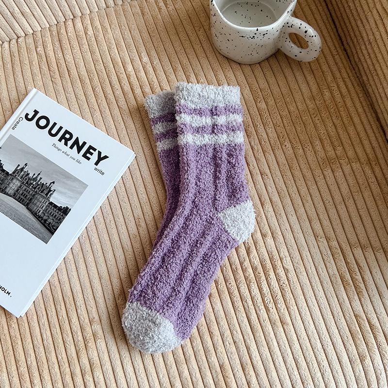 Autumn and winter color matching coral fleece women's socks thickened warm sleeping socks half fleece home floor socks