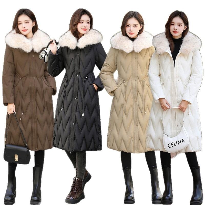 Wind coat big fur collar down cotton clothes women's long over the knee winter new waist cotton-padded coat batch