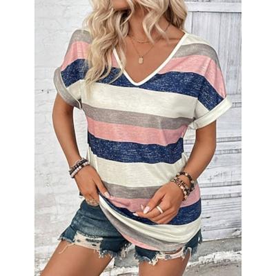 Damen T-Shirt Casual Gestreift V-Ausschnitt Kurzarm Sommer T-Shirt Loose Fit Mode Mehrfarbig